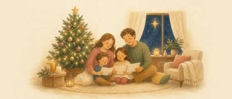 Alle Jahre wieder: geschmückter Weihnachtsbaum mit warmem Lichterglanz im Wohnzimmer, Familie singt gemeinsam