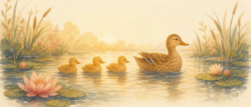 Entenfamilie schwimmt auf einem stillen See – Titelbild zum Lied Alle meine Entchen