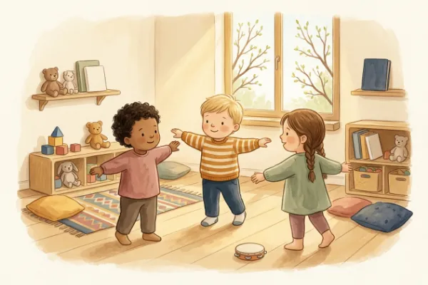 Kinder flattern beim Singen mit den Armen wie Vögel im Morgenkreis