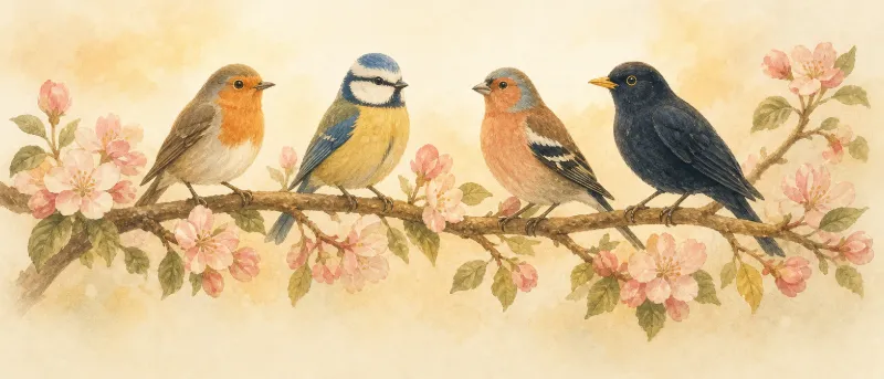 Titelbild zum Kinderlied Alle Vögel sind schon da: vier Vögel auf einem blühenden Zweig im Morgenlicht