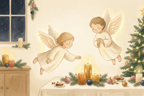 Zwei geflügelte Engelfiguren neben dem Weihnachtstisch – Bildmotiv zur dritten Strophe von Am Weihnachtsbaume die Lichter brennen