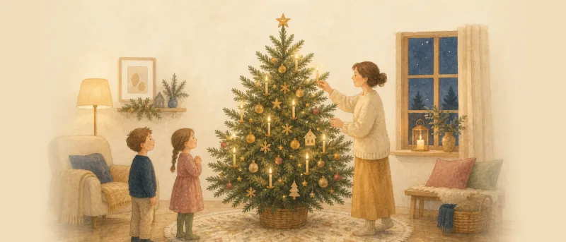 Weihnachtsbaum mit brennenden Kerzen im warmen Licht – Titelbild zum Lied Am Weihnachtsbaume die Lichter brennen