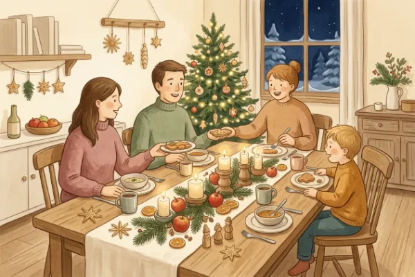 Festlich gedeckter Weihnachtstisch mit Tannenzweigen und Kerzen – Bild zum Weihnachtslied für die ganze Familie
