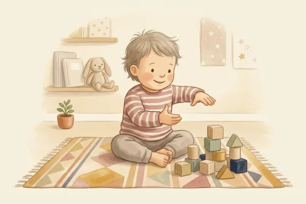 Kleinkind sitzt auf dem Spielteppich und formt mit den Händen einen Kasten passend zum Aufräumlied.