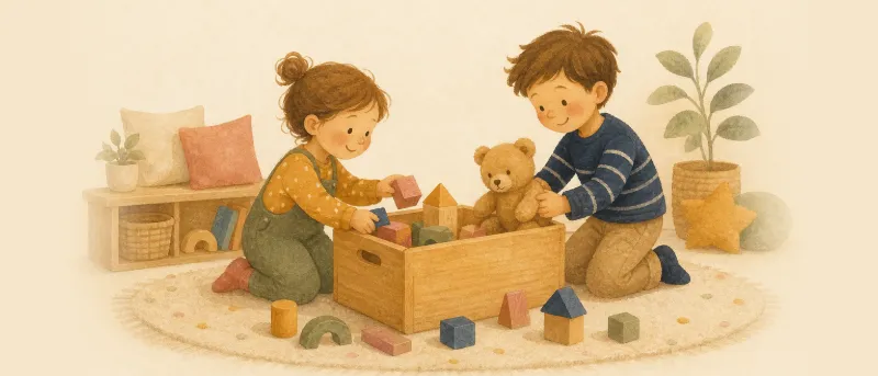 Aufräumlied: Kinder räumen singend Bauklötze und Kuscheltiere in eine Holzkiste