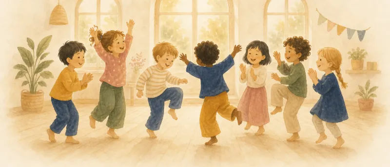 Bewegungslieder für Kinder: Illustration von Kindern, die im Kreis singen und sich im Takt bewegen