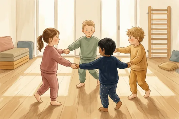 Ringel, Ringel, Reihe: Kinder halten sich im Kreis an den Händen, Kachelbild für Bewegungslieder für Kinder