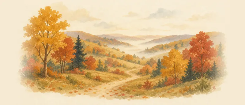 Herbstlicher Wald mit rot und gelb gefärbten Bäumen als Titelbild zum Lied Bunt sind schon die Wälder