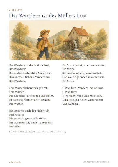 Vorschau: Liedblatt: Das Wandern ist des Müllers Lust