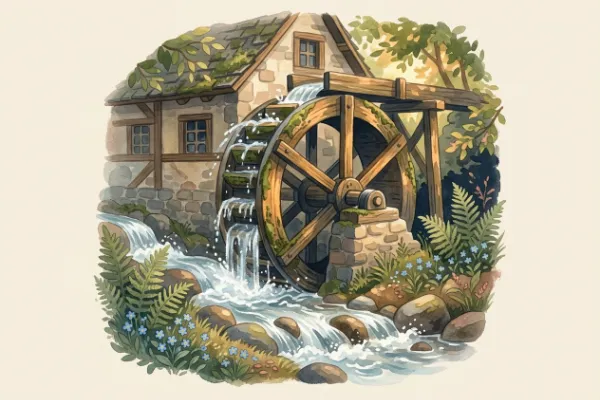 Mühlrad am Bach mit sprudelndem Wasser, passend zum Wanderlied Das Wandern ist des Müllers Lust