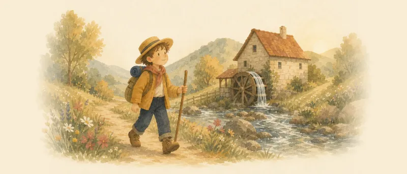 Titelbild zum Lied Das Wandern ist des Müllers Lust: ein Müller mit Hut, Stock und Bündel wandert auf einem Feldweg an einem Mühlbach entlang