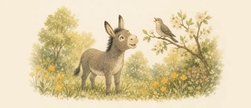 Kuckuck und Esel sitzen auf einem blühenden Zweig im Maienwald – Titelbild zum Lied Der Kuckuck und der Esel
