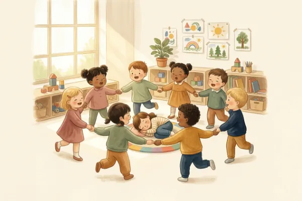 Illustration zum Kreisspiel: Kinder singen im Kreis um ein schlafendes Mädchen in der Mitte.