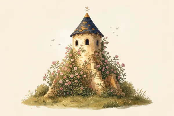 Illustration einer dichten Rosenhecke um ein Schloss, wie im Liedtext beschrieben.