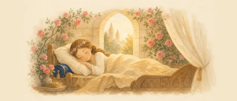 Illustration zum Kinderlied Dornröschen war ein schönes Kind: ein Mädchen mit Rosenkranz schläft in einem Bett im Schloss.