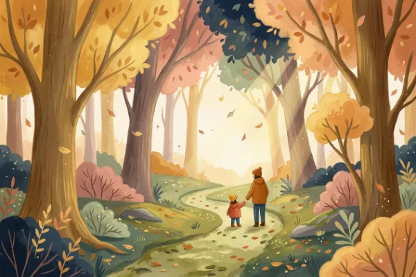 Herbstlaub und Bäume im Wald als Hintergrundmotiv für das Liedblatt zum Kinderlied