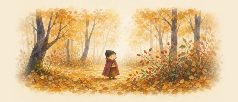 Titelbild zum Kinderlied Ein Männlein steht im Walde: ein stilles Männlein mit purpurrotem Mäntlein und schwarzem Käppelein zwischen Herbstbäumen