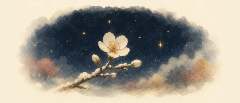 Illustration zum Weihnachtslied Es ist ein Ros entsprungen: eine zarte weiße Blüte an einem dünnen Zweig im Schnee vor dunkelblauem Abendhimmel