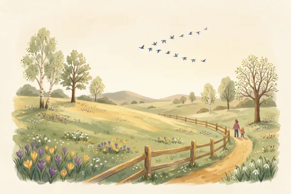 Frühlingswiese mit ersten Blüten und heimkehrenden Zugvögeln am Himmel