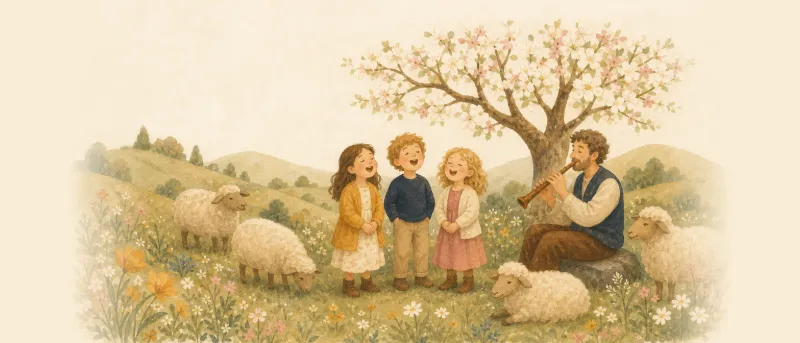 Titelbild: Kinder singen Es tönen die Lieder auf einer Frühlingswiese, dahinter ein Hirte mit Schalmei und eine Schafherde
