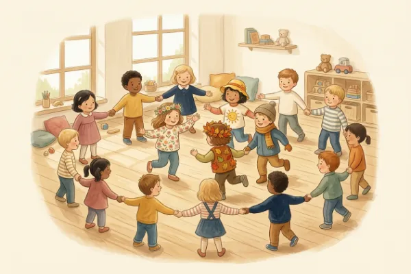 Kinderlied Es war eine Mutter im Stuhlkreis: Kinder gehen im Kreis, vier Kinder tanzen als Jahreszeiten in der Mitte
