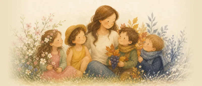 Es war eine Mutter: Illustration zum Kinderlied mit einer Mutter und ihren vier Jahreszeiten-Kindern im Kreis