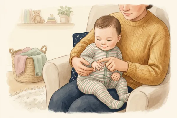 Fingerspiele für Babys: Ein Elternteil hält das Baby auf dem Schoß und berührt sanft dessen Fingerspitzen.