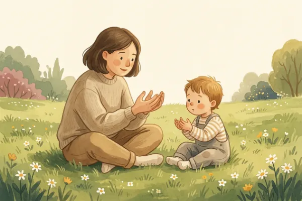 Fingerspiele im Frühling: Auf einer grünen Wiese ahmen Elternteil und Kind mit den Händen eine aufgehende Blüte nach.