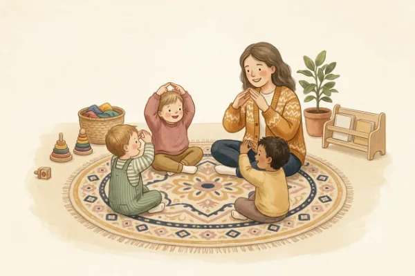 Fingerspiele in der Kita: Erzieherin und Kleinkinder formen im Morgenkreis auf dem Teppich mit den Händen kleine Häuser.