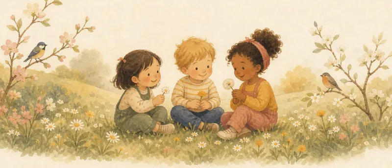 Frühlingslieder: Kinder singen auf einer blühenden Wiese, im Hintergrund zwitschern Vögel