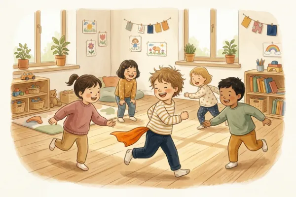 Kinder singen im Kreis und spielen das Lied als Fangen-Spiel mit einem orangefarbenen Tuch als Fuchsschwanz