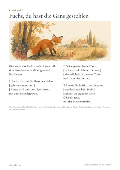 Vorschau: Liedblatt: Fuchs, du hast die Gans gestohlen