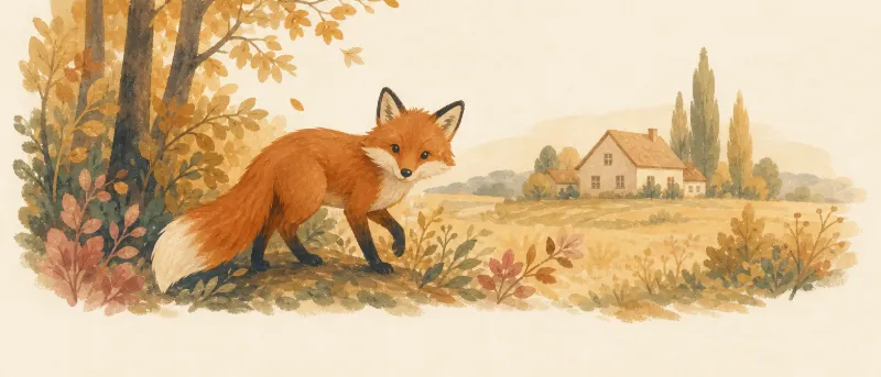 Fuchs mit buschigem Schwanz am Waldrand vor einem Bauernhof – Titelbild zum Kinderlied Fuchs, du hast die Gans gestohlen