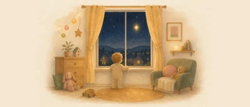 Funkel, funkel, kleiner Stern: Abendhimmel über einem Kinderzimmerfenster, ein Kind schaut zu dem großen leuchtenden Stern (Titelbild)