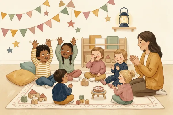 Kinder imitieren Kerzenflammen mit den Händen – Bewegungen zum Alles-Gute-zum-Geburtstag-Lied für Kita und Feier