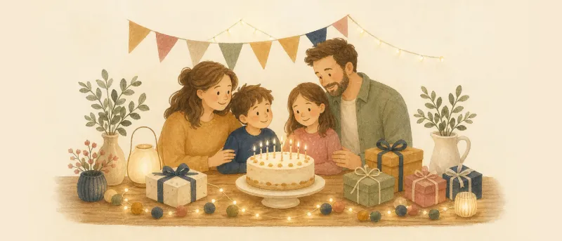 Festlich gedeckter Tisch mit Kuchen, Kerzen und Girlanden – Titelbild zum Alles Gute zum Geburtstag Lied mit allen Strophen