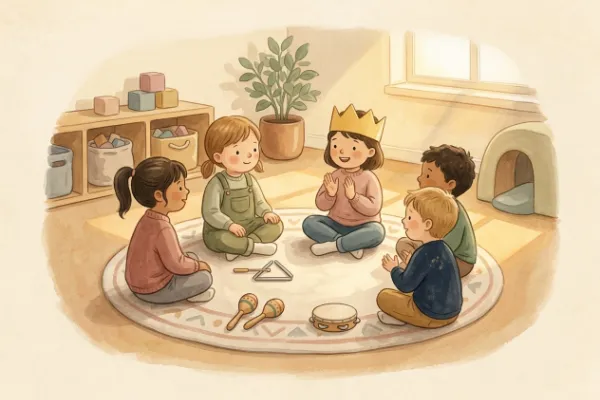 Kinder sitzen im Sitzkreis, das Geburtstagskind mit Krone, daneben Musikinstrumente zum Geburtstagslied