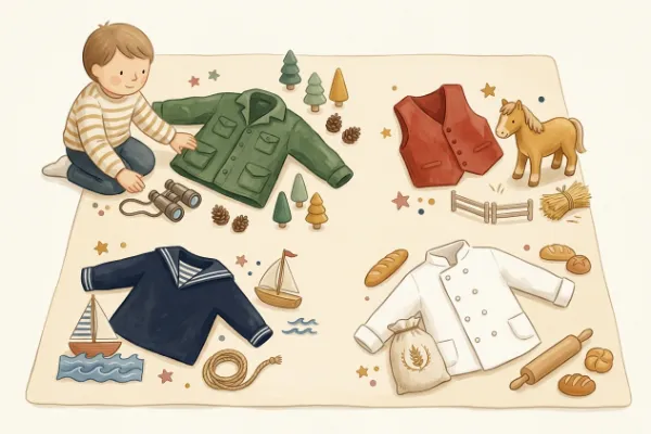 Illustration: Kleidung und Symbole für Jäger, Reiter und Matrose zum Kinderlied Grün, grün, grün sind alle meine Kleider