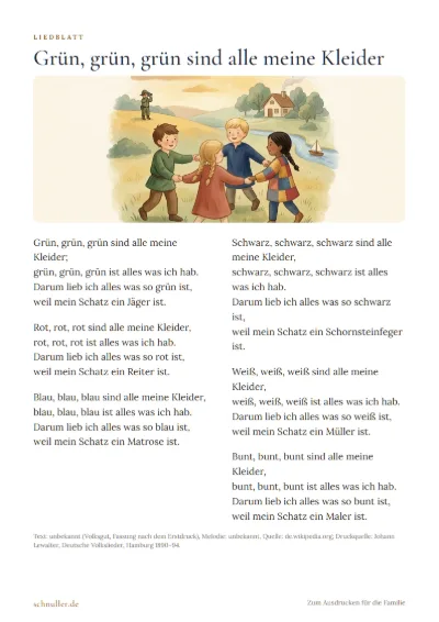 Vorschau: Liedblatt: Grün, grün, grün sind alle meine Kleider