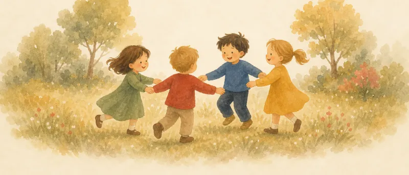 Illustration: Kinder tanzen im Kreis in grünen, roten und blauen Kleidern – Titelbild zum Kinderlied Grün, grün, grün sind alle meine Kleider