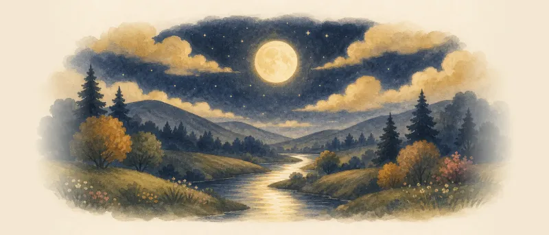 Guter Mond, du gehst so stille: großer Mond über Abendwolken und stiller Landschaft, Titelbild zum Kinderlied