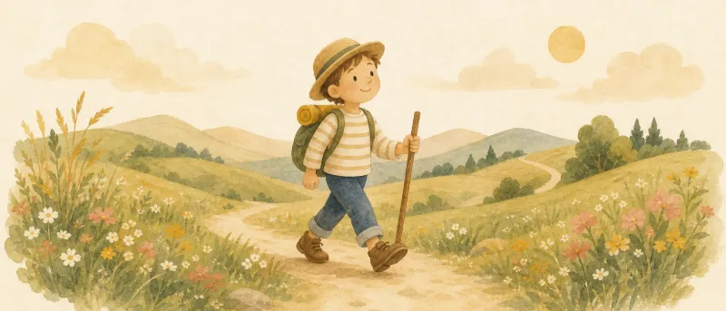Hänschen klein mit Stock und Hut zieht über eine Wiese – Titelbild zum Kinderlied