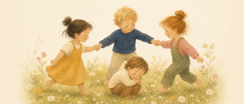 Titelbild zum Kinderlied Häschen in der Grube: Ein Kind kauert als schlafendes Häschen in der Mitte eines singenden Kinderkreises