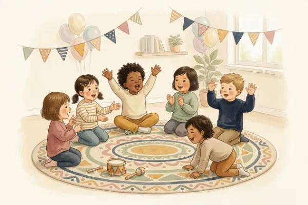 Kinder singen und machen Bewegungen zum Happy-Birthday-Lied bei einer Kindergeburtstagsfeier mit Luftballons und Girlande
