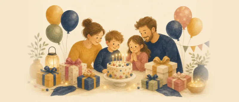 Happy Birthday Lied: festlich gedeckter Geburtstagstisch mit Kerzen, Torte und Luftballons als Titelbild