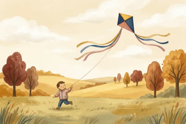 Illustration: Drachen steigt an einer Schnur über einem Feld im Herbstwind
