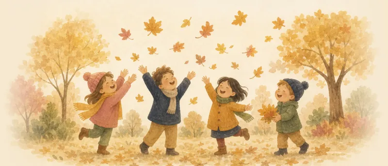 Illustration: Kinder lassen buntes Herbstlaub durch die Hände fallen – Titelbild für die Herbstlieder-Seite