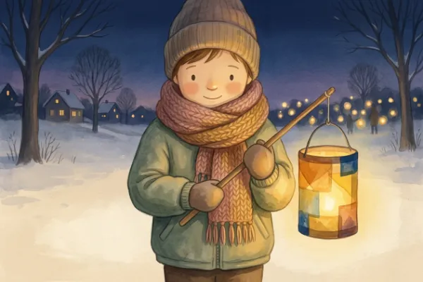 Illustration: Kind hält eine gebastelte Laterne im Abendlicht beim Laternenumzug