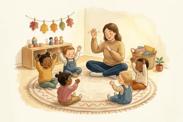 Illustration: Morgenkreis mit Handgesten zu einem Herbstlied im Kindergarten