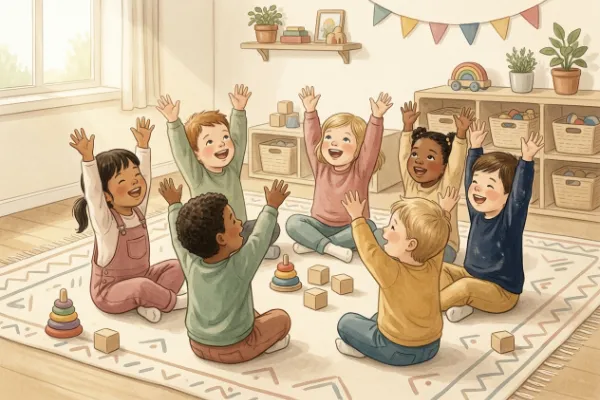 Kindergruppe streckt beim Singen von Hoch soll er leben beide Arme nach oben